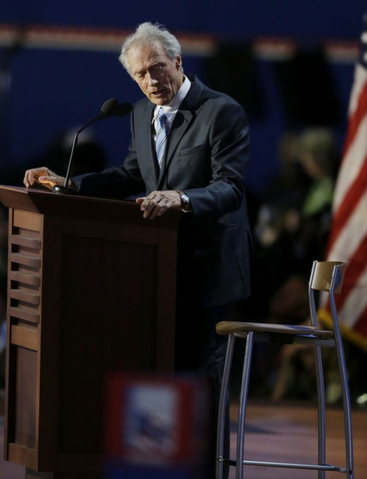 Actor Clint Eastwood speaks to an empty chair while addressed delegates during the Republican National Convention in Tampa, Fla., on Thursday, Aug. 30, 2012. (AP Photo/Lynne Sladky)