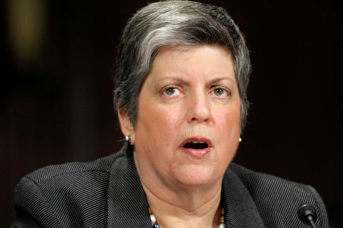 FILE - In this April 25, 2012 file photo, Homeland Security Secretary Janet Napolitano testifies on Capitol Hill in Washington. U.S. officials say Napolitano is resigning to take a senior posting in the University of California system. (AP Photo/Susan Walsh, File)