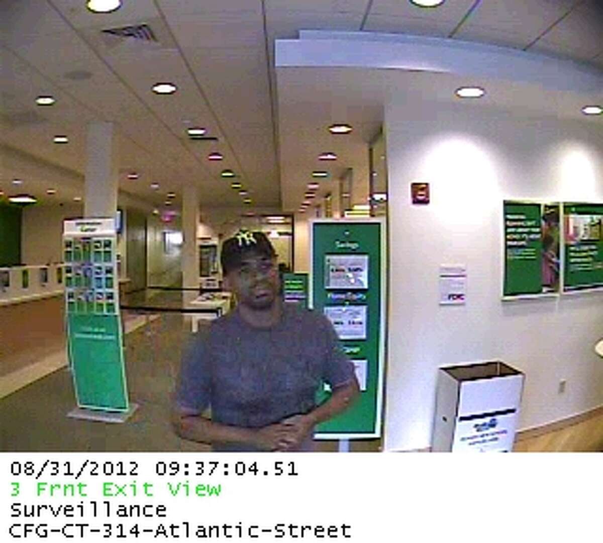 A video still of the Citizens Bank robbery suspect, captured on the downtown Stamford bank's surveillance camera. Photo courtesy of the Stamford Police Department.