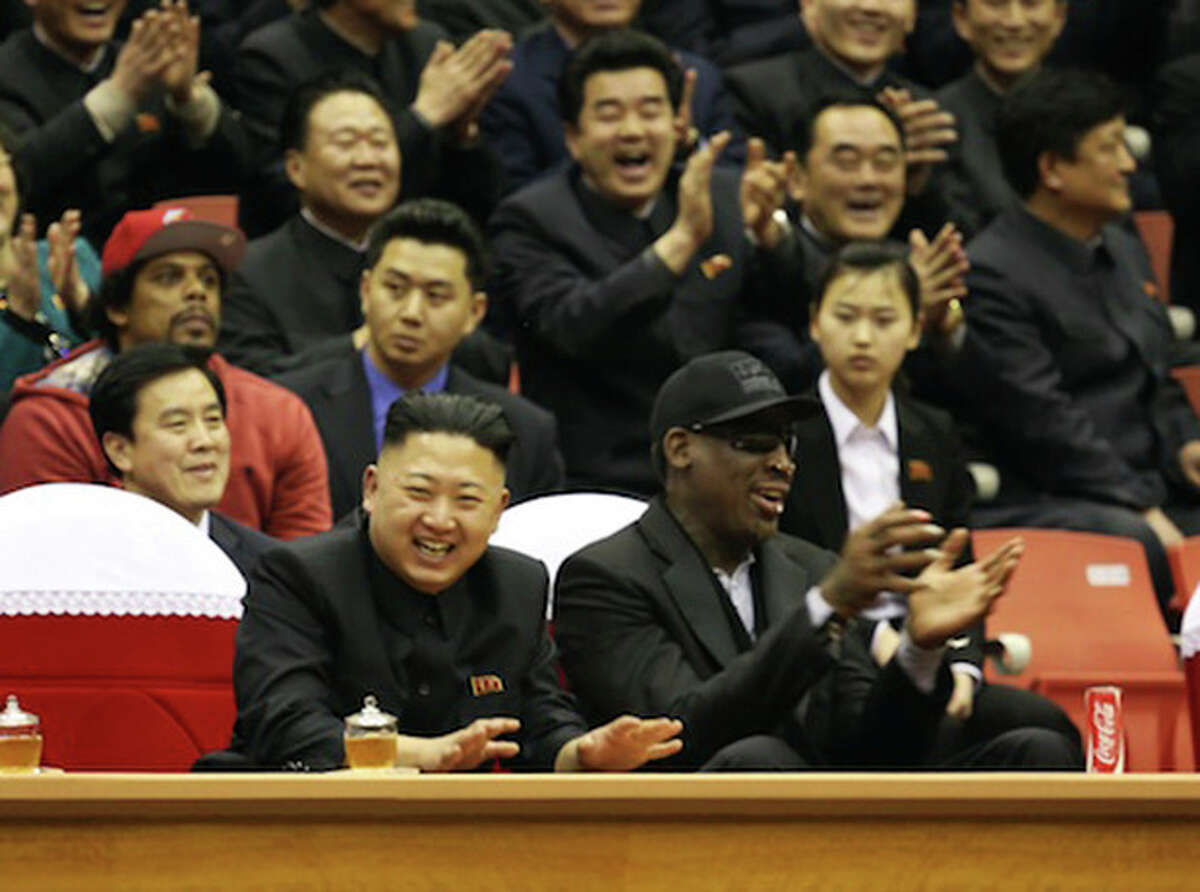 This undated publicity image released by HBO shows former NBA basketball player Dennis Rodman, right, with North Korea's Kim Jong Un at a basketball game from an episode of the documentary series "Vice." The season final episode will air on on June 14 at 11 p.m. EST on HBO. (AP Photo/Vice.com via HBO)
