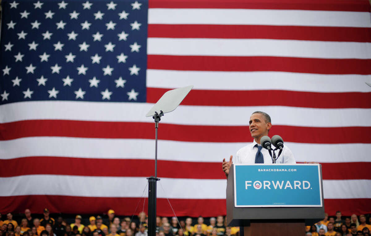 President Barack Obama speaks during a campaign event at the University of Iowa, Friday, Sept. 7, 2012 in Iowa City, Iowa. (AP Photo/Pablo Martinez Monsivais)
