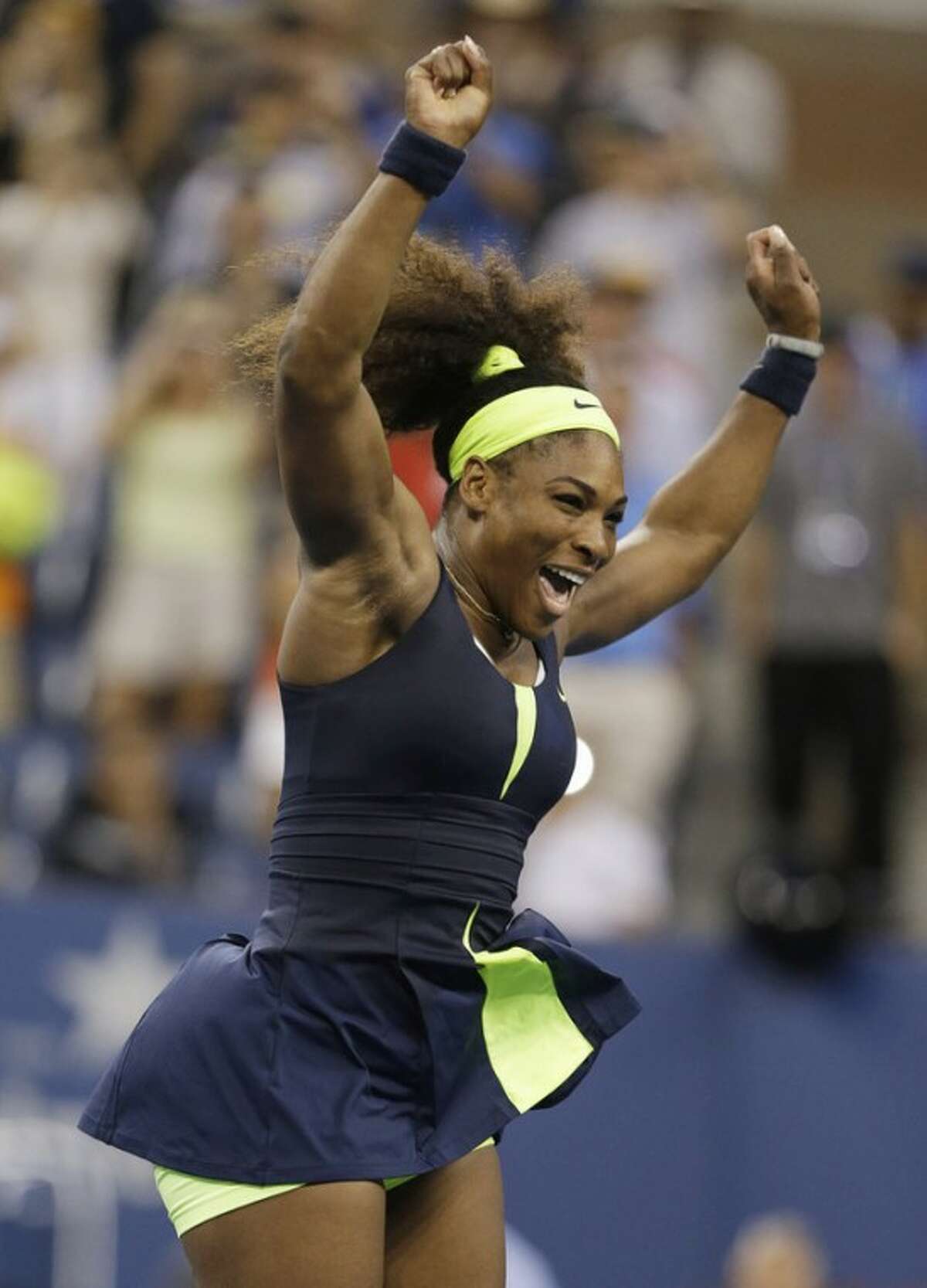 Serena Williams reacts after beating Victoria Azarenka, of Belarus, in the championship match at the 2012 US Open tennis tournament, Sunday, Sept. 9, 2012, in New York. (AP Photo/Darron Cummings)