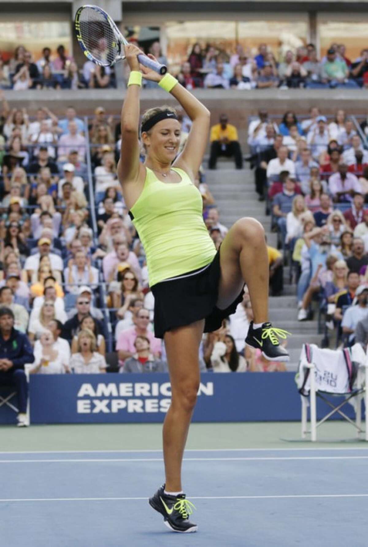 Victoria Azarenka, of Belarus, reacts while playing against Serena Williams during the championship match at the 2012 US Open tennis tournament, Sunday, Sept. 9, 2012, in New York. (AP Photo/Darron Cummings)