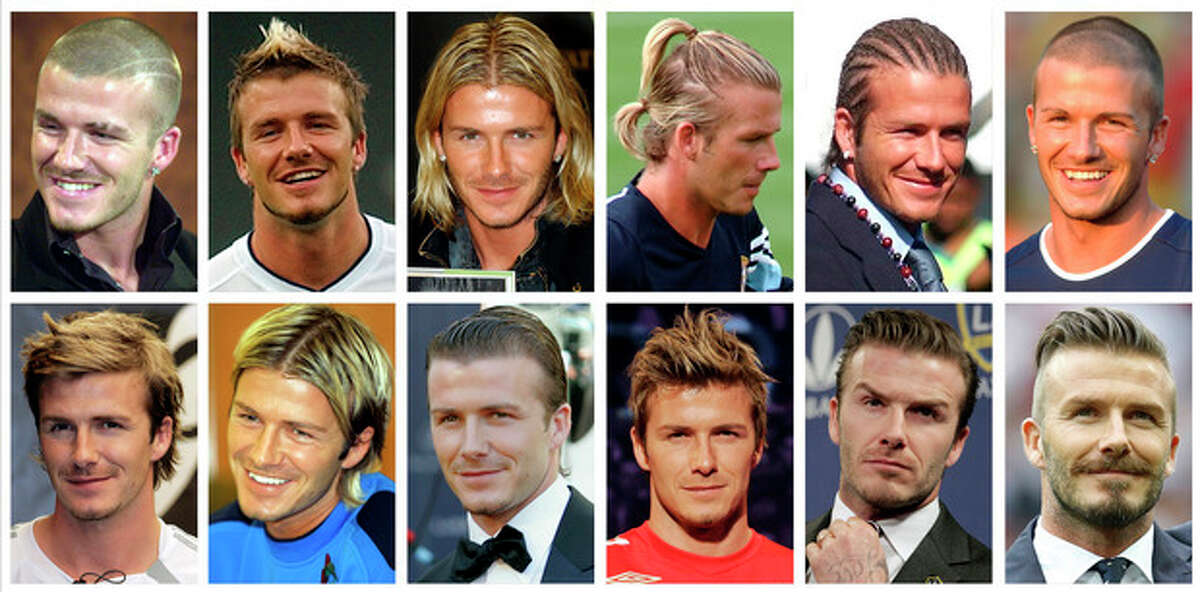 FILE - This combo of file photos shows England soccer star David Beckham's various hairstyles. The 38-year-old midfielder is retiring from soccer, ending a career in which he transcended the sport with forays into fashion and a marriage to a pop star that made him a global celebrity. (AP Photo/File)