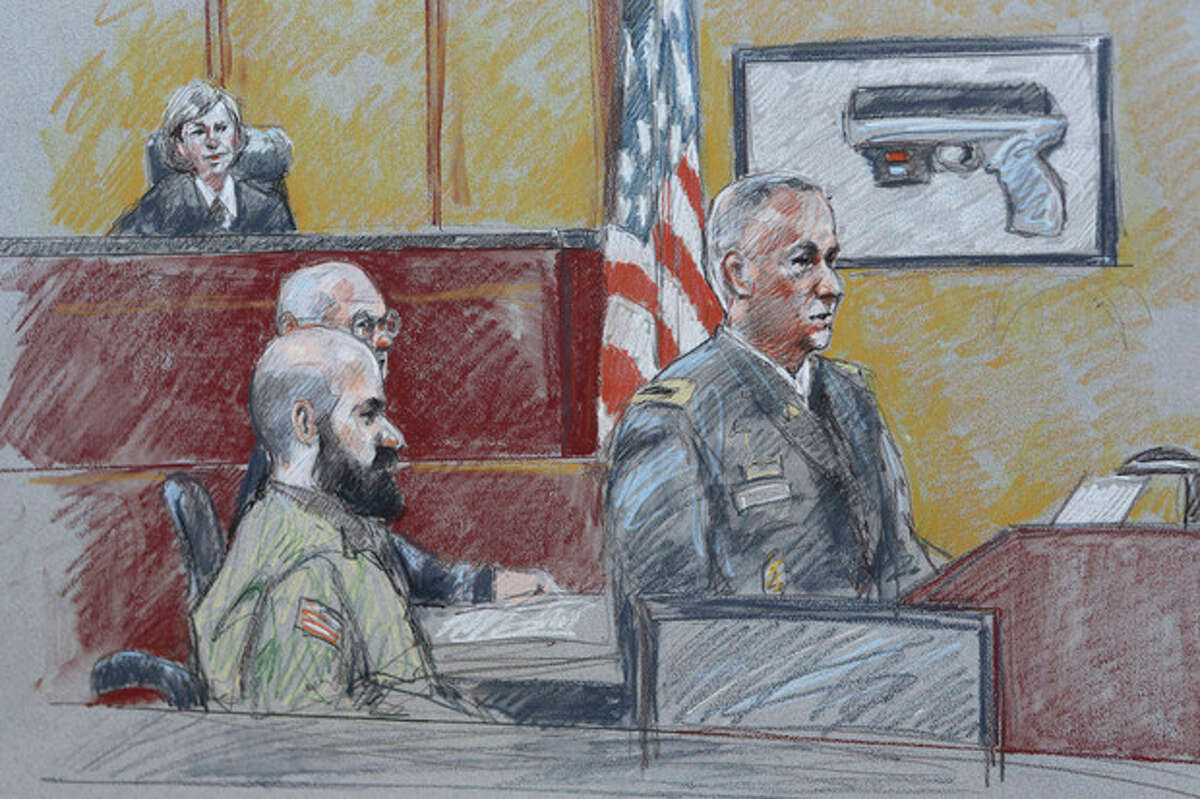 CORRECTS HENRICKS' RANK TO COLONEL INSTEAD OF LT. COLONEL - In this courtroom sketch, military prosecutor Col. Steve Henricks, right, speaks as Nidal Malik Hasan, center, and presiding judge Col. Tara Osborn look on during Hasan's court-martial Tuesday, Aug. 6, 2013, in Forth Hood, Texas. Hasan is representing himself against charges of murder and attempted murder for the 2009 attack that left 13 people dead at Forth Hood. (AP Photo/Brigitte Woosley)