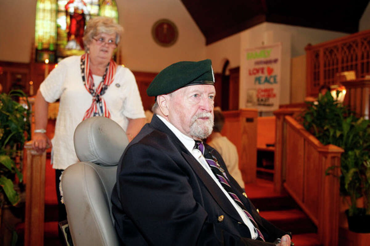 Veteran David Cole introduces himself during Christ Episcopal Church's service honoring veterans of the armed forces Sunday morning in Norwalk. Hour Photo / Danielle Robinson
