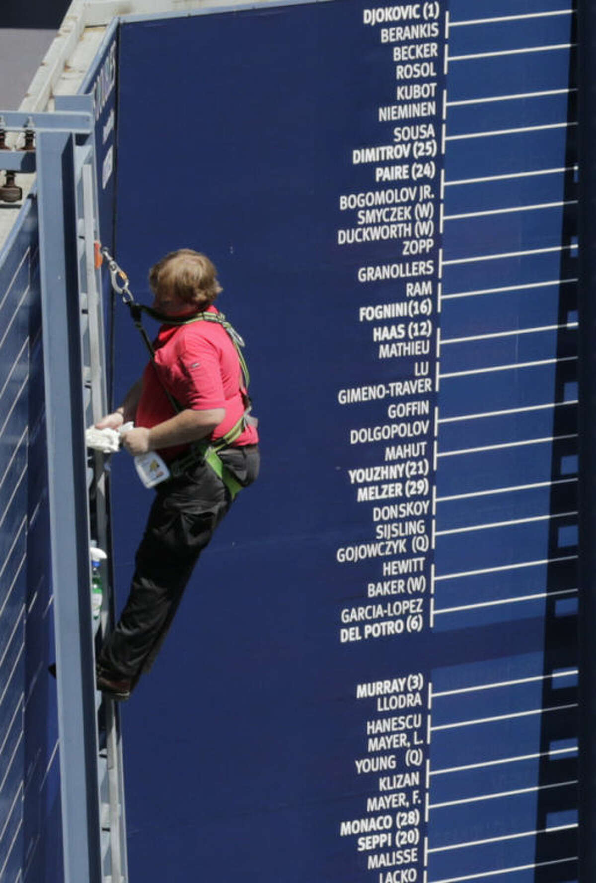 A worker prepares a scoreboard the day before the start of the 2013 US Open tennis tournament Sunday, Aug. 25, 2013, in New York. (AP Photo/Charles Krupa)