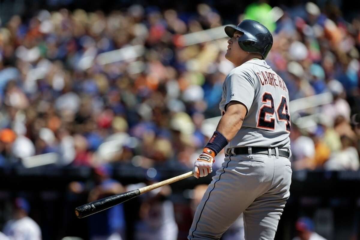 Detroit Tigers' Miguel Cabrera looks after his two-run home run during the first inning of an interleague baseball game against the New York Mets at Citi Field, Sunday, Aug. 25, 2013, in New York. (AP Photo/Seth Wenig)
