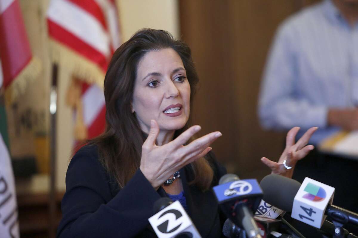 Oakland mayor libby Schaaf announces immediate removal of interim police Chief Ben Fairow being replaced with assistant chief Paul Figueroa on Wednesday, June 15, 2016 in Oakland, Calif.