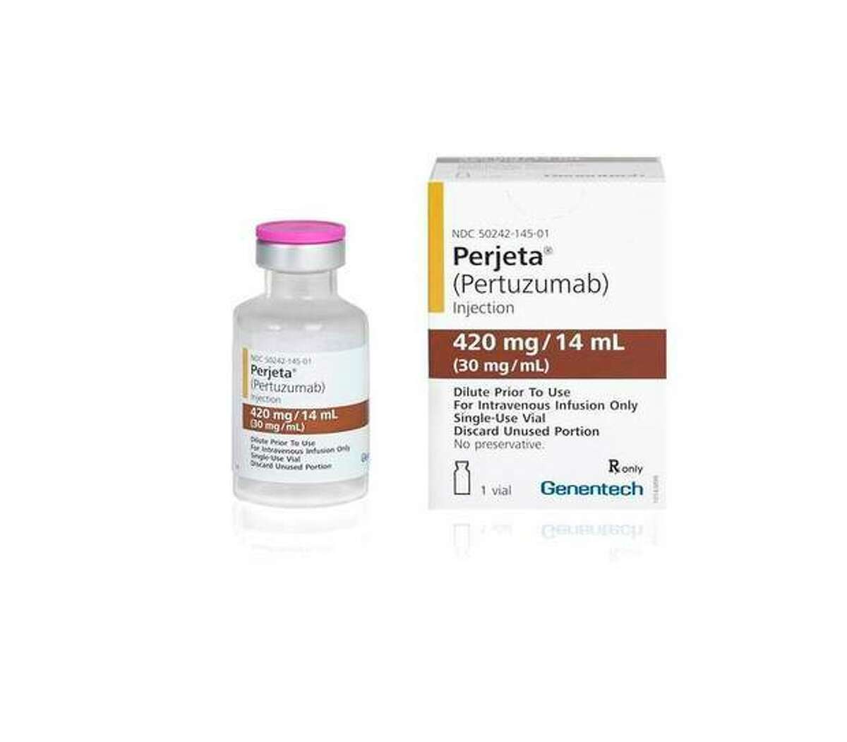 This undated photo provided by Roche, shows the initial treatment drug Perjeta The U.S. Food and Drug Administration has issued a positive review of Perjeta, a breast cancer drug from Roche that could soon become the first pharmaceutical option approved for treating early-stage disease before surgery. (AP Photo/Roche)