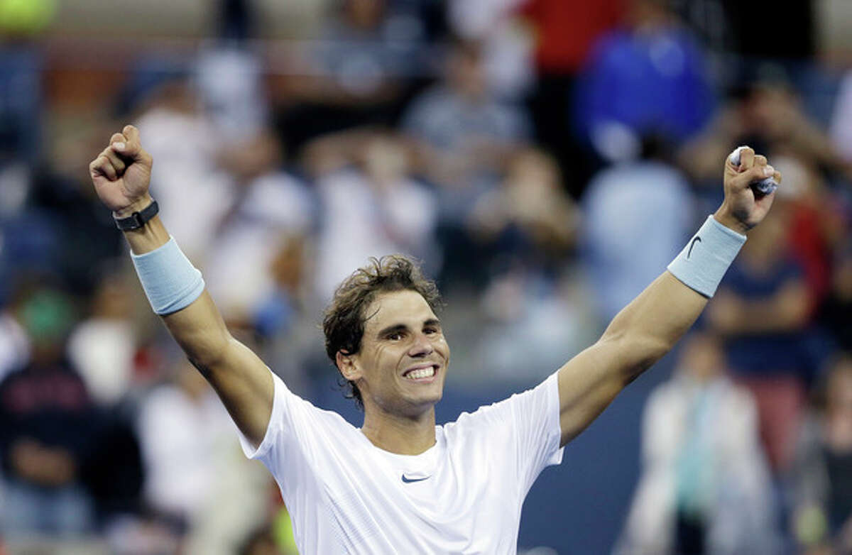 Rafael Nadal, of Spain, reacts after beating Richard Gasquet, of France, during the semifinals of the 2013 U.S. Open tennis tournament, Saturday, Sept. 7, 2013, in New York. (AP Photo/Darron Cummings)