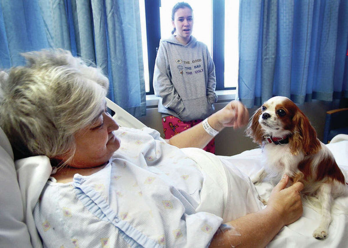 AP file photos / Sauk Valley Media, Alex T. Paschal In these Dec. 4 photos, at left, Cally Lanae, a Cavalier King Charles spaniel, sits on the lap of patient Robin Jaggers while making the rounds at the CGH Medical Center in Sterling, Ill. Cally is one of 15 dogs participating in the hospital's new "Love on a Lease" dog-therapy program where trained dogs and their handlers spend time visiting with patients. At right, Steven Van Dusen, also a patient at the center, pets Cally, held by owner Wendy Johnson.