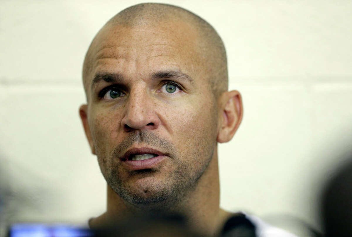 FILE - In this Wednesday, Oct. 2, 2013, file photo, Brooklyn Nets coach Jason Kidd speaks with the media at NBA basketball training camp at Duke University in Durham, N.C. Kidd has been suspended for two games for pleading guilty to driving while ability impaired. The NBA announced on Friday, Oct. 4, 2013, that Kidd will miss the first two games of the regular season starting on Oct. 29. (AP Photo/Gerry Broome, File)