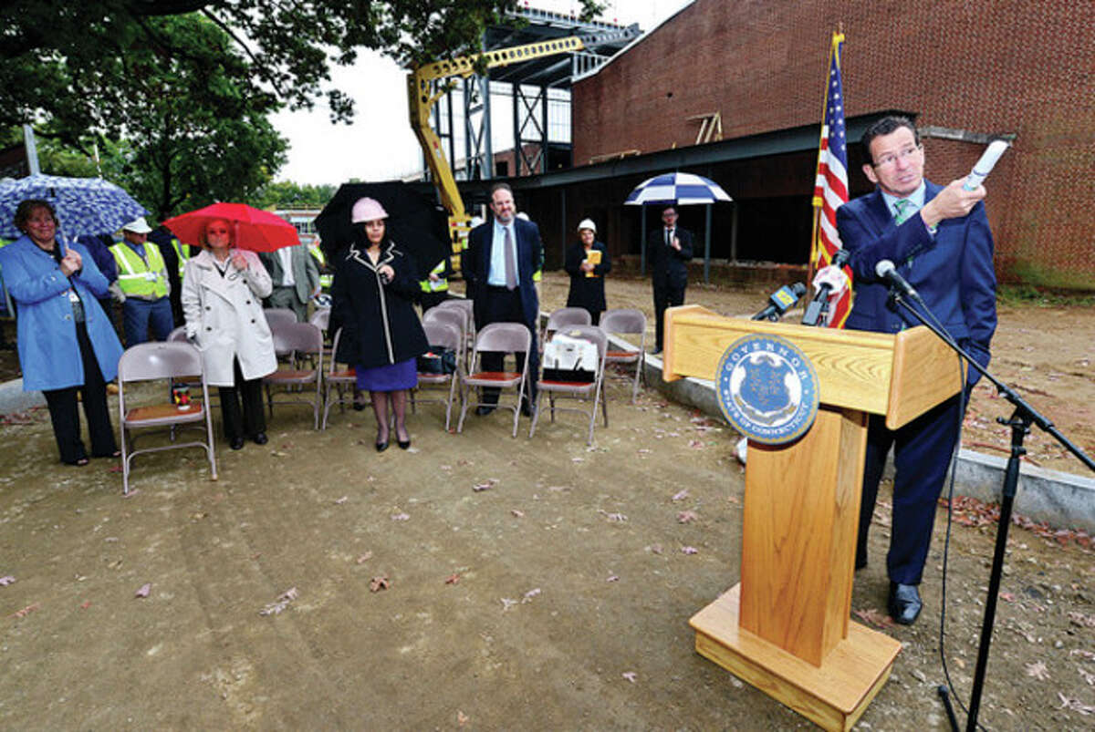 Hour photo / Erik Trautmann CT Governor Dannel Malloy speaks at the ground breaking ceremony at Wright Technical School in Stamford Thursday.