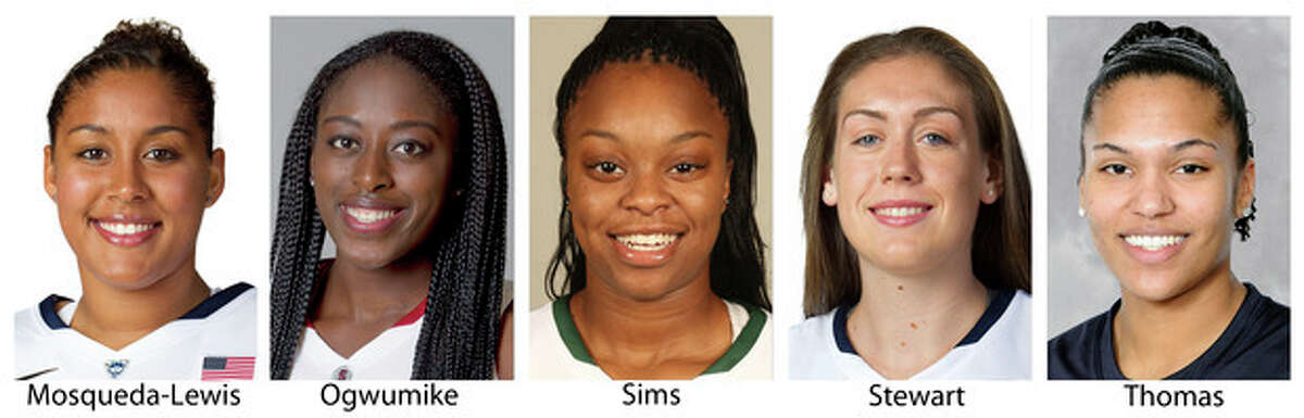These 2013 photos provided by their respective schools show members of The Associated Press women's preseason All-America college basketball team released Tuesday, Nov. 5, 2013. From left are: Kaleena Mosqueda-Lewis, Connecticut; Chiney Ogwumike, Stanford; Odyssey Sims, Baylor; Breanna Stewart, Connecticut and Alyssa Thomas, Maryland. (AP Photo/ (AP Photo)