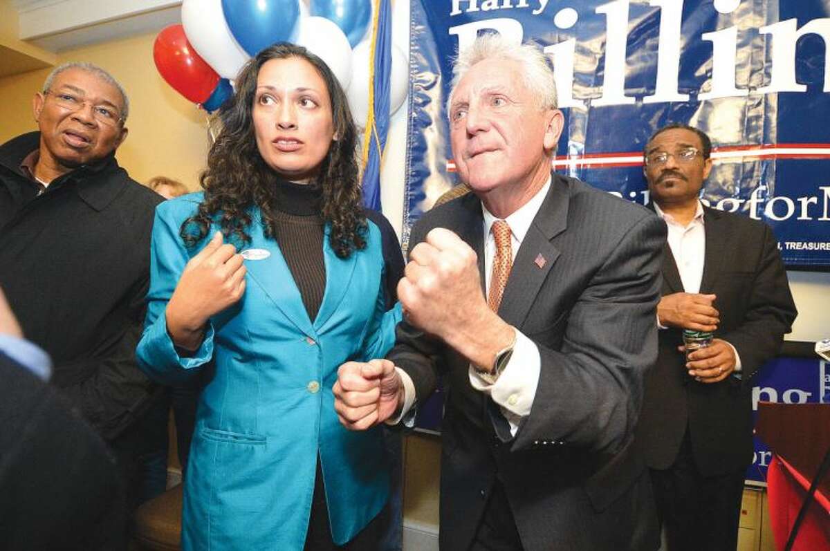 Hour Photo/Alex von Kleydorff. Harry Rilling hears results of other races and reacts after being elected Mayor