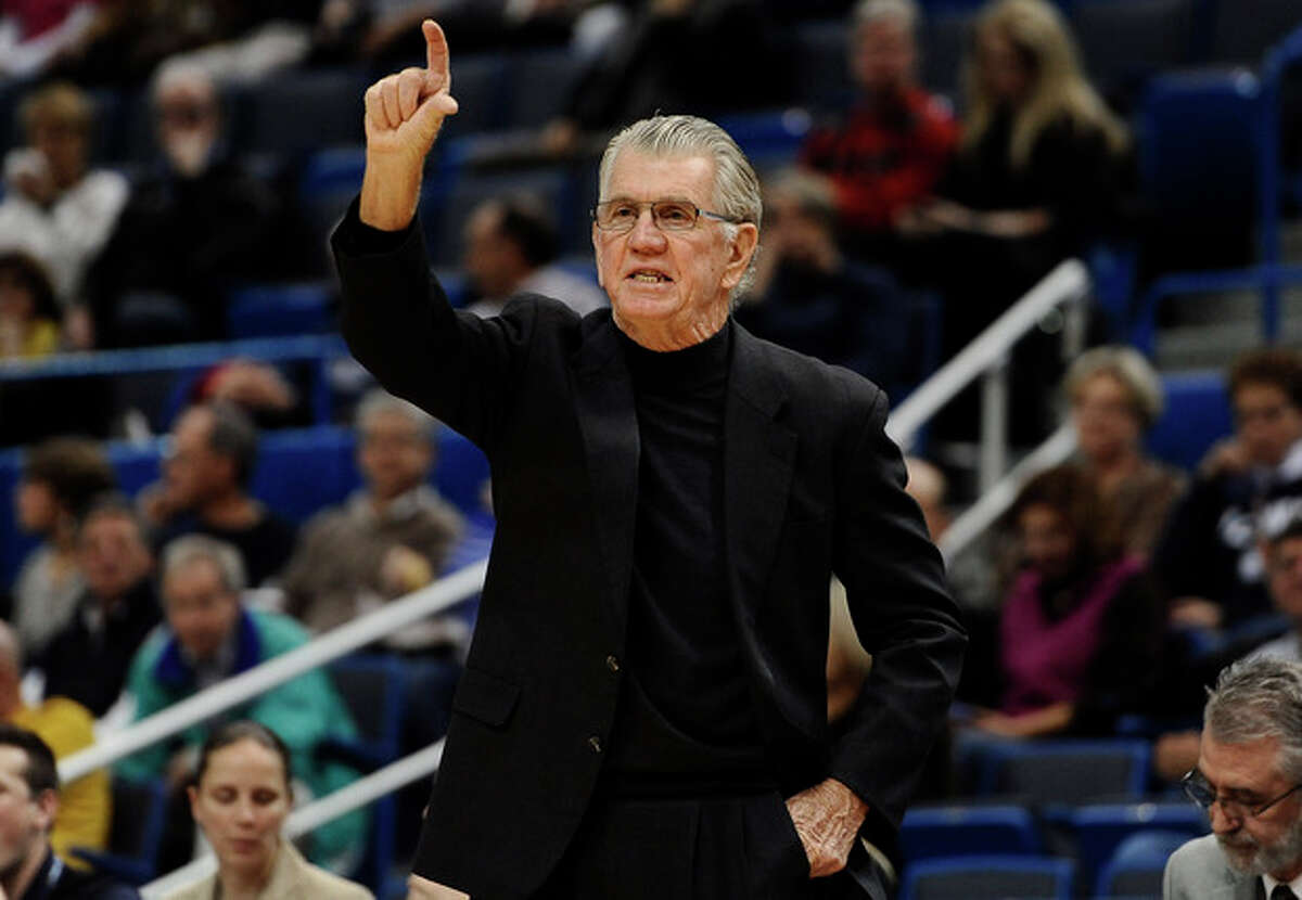 Oregon head coach Paul Westhead gestures to his team during the first half of an NCAA college basketball game against Connecticut, Wednesday, Nov. 20, 2013, in Hartford, Conn. (AP Photo/Jessica Hill)