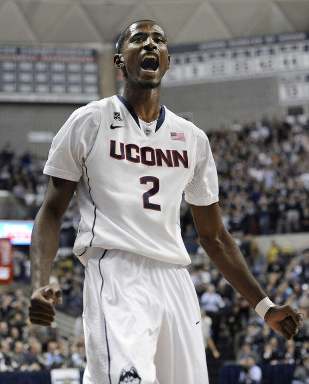 Connecticut's DeAndre Daniels reacts during the first half of an NCAA college basketball game against Florida, Monday, Dec. 2, 2013, in Storrs, Conn. (AP Photo/Jessica Hill)