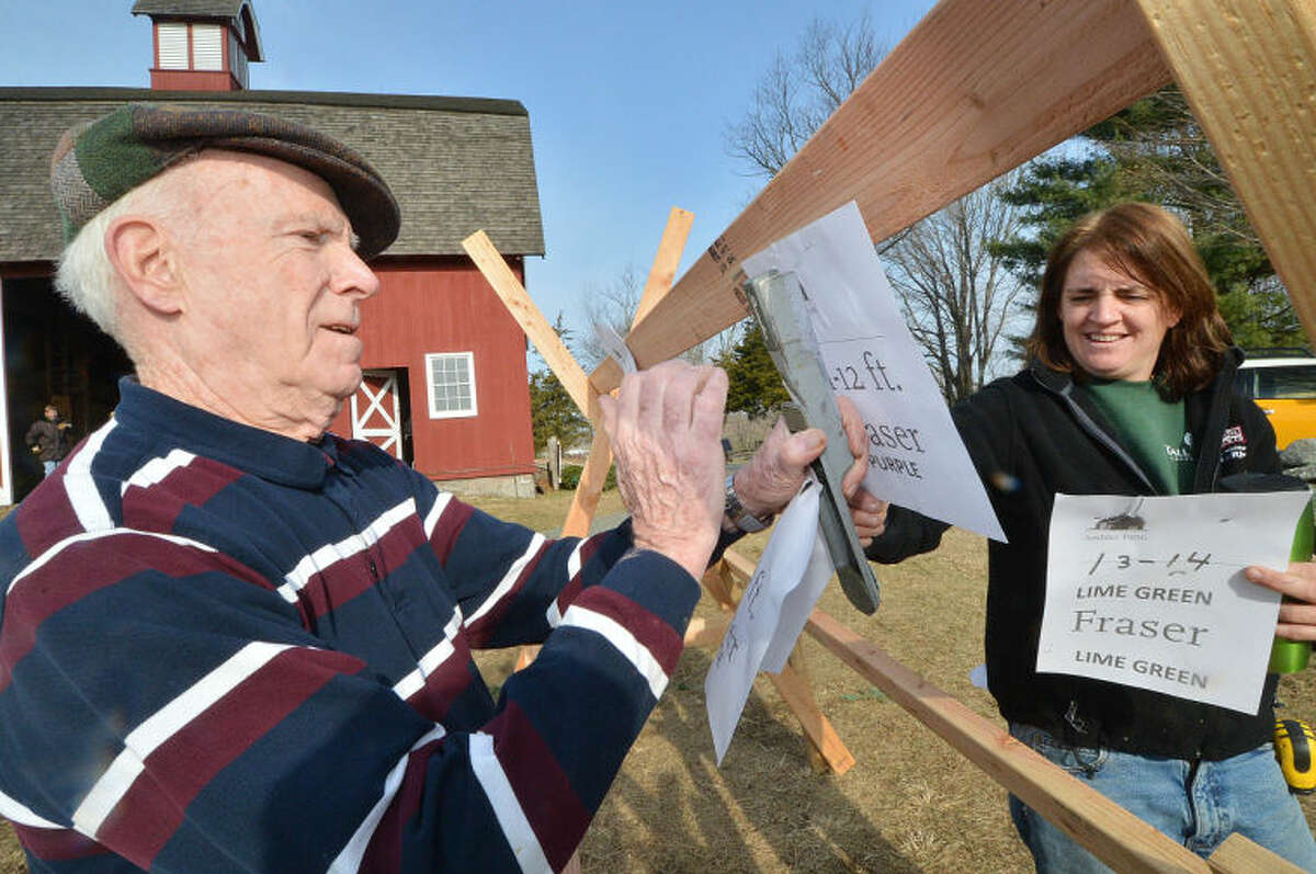 Hour Photo/Alex von Kleydorff . Volunteer Dan Riley and Co Chair Emily Humiston staple signs in order of size for trees arriving for Friends of Ambler Farm's Annual Holiday Greens sale in Wilton