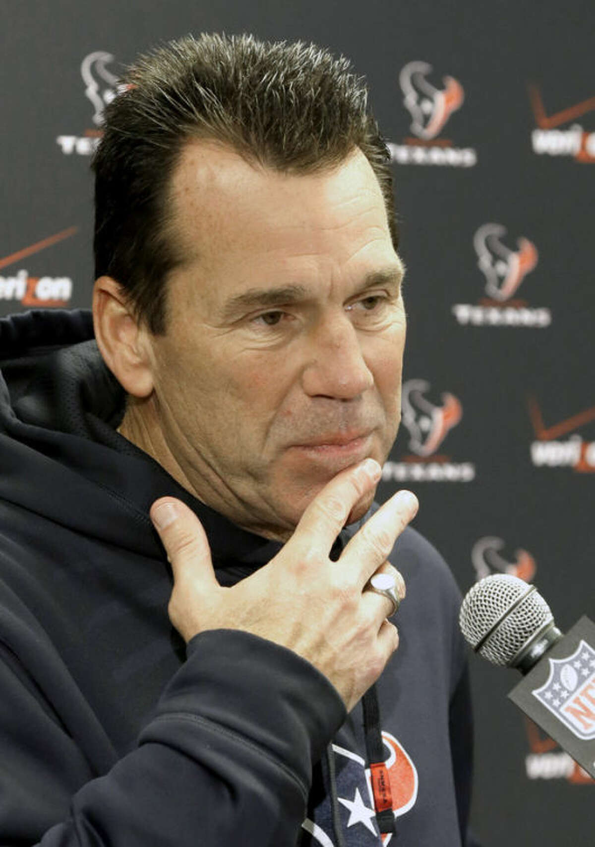 FILE - In this Nov. 13, 2013 file photo, Houston Texans head coach Gary Kubiak speaks to the media in Houston. The Texans have fired coach Kubiak. The team announced the decision Friday, Dec. 6, 2013, one day after the Texans lost their 11th straight game, 27-20 at Jacksonville. (AP Photo/Pat Sullivan, FIle)