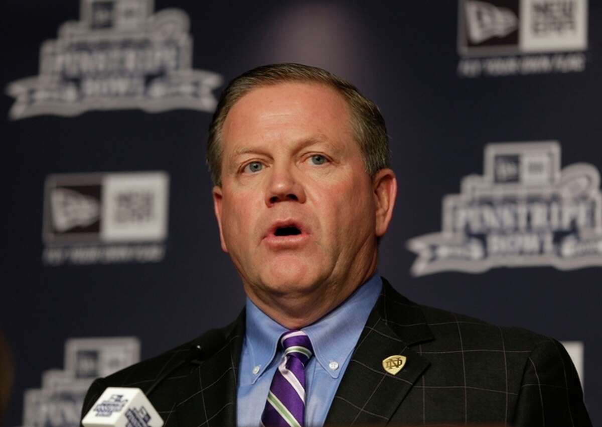 Notre Dame coach Brian Kelly speaks during an NCAA college football news conference in New York, Tuesday, Dec. 10, 2013. Rutgers and Notre Dame will face off at the Pinstripe Bowl at Yankee Stadium on Saturday, Dec. 28, 2013. (AP Photo/Seth Wenig)