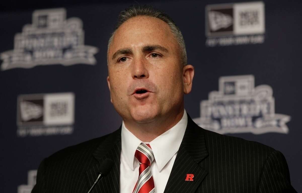 Rutgers coach Kyle Flood speaks during an NCAA college football news conference in New York, Tuesday, Dec. 10, 2013. Rutgers and Notre Dame will face off at the Pinstripe Bowl at Yankee Stadium on Saturday, Dec. 28, 2013. (AP Photo/Seth Wenig)