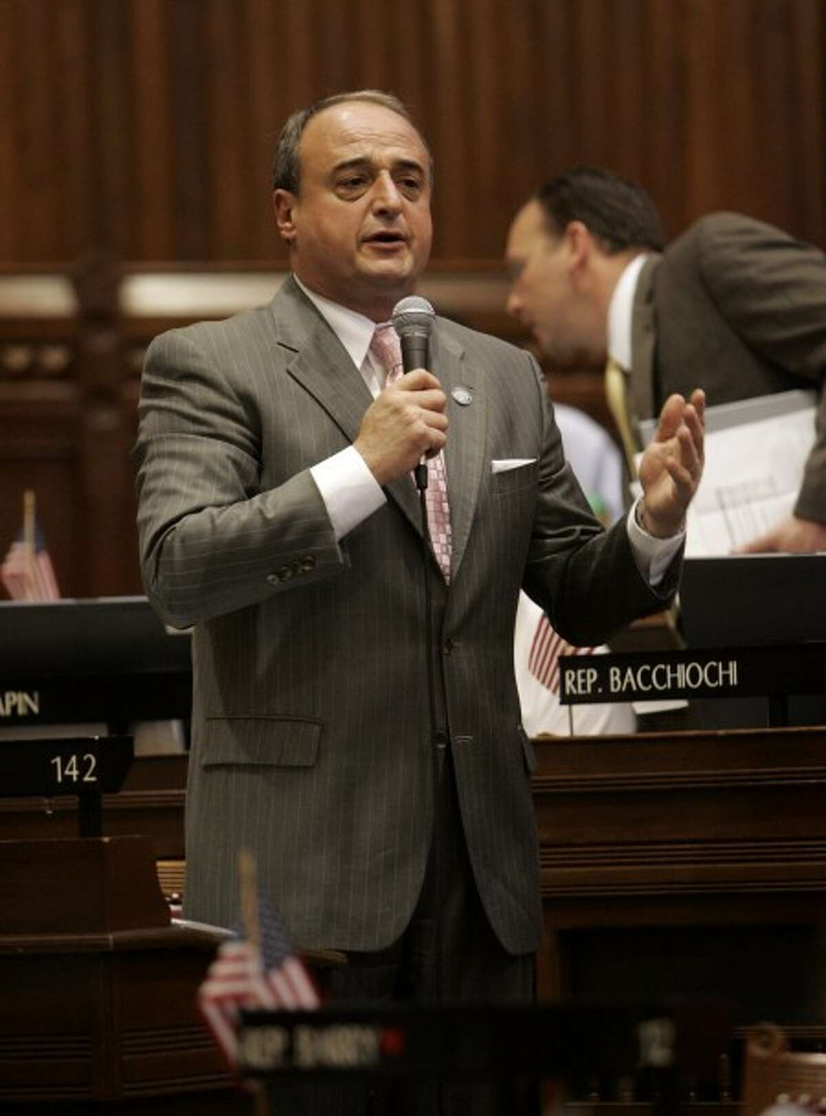 Connecticut House Minority Leader Rep. Lawrence Cafero, R-Norwalk, speaks during debate in the Hall of the House at the state Capitol in Hartford, Conn., Friday, May 22, 2009. The House was debating proposed legislation to mitigate the state''s looming budget deficit. (AP Photo/Bob Child)