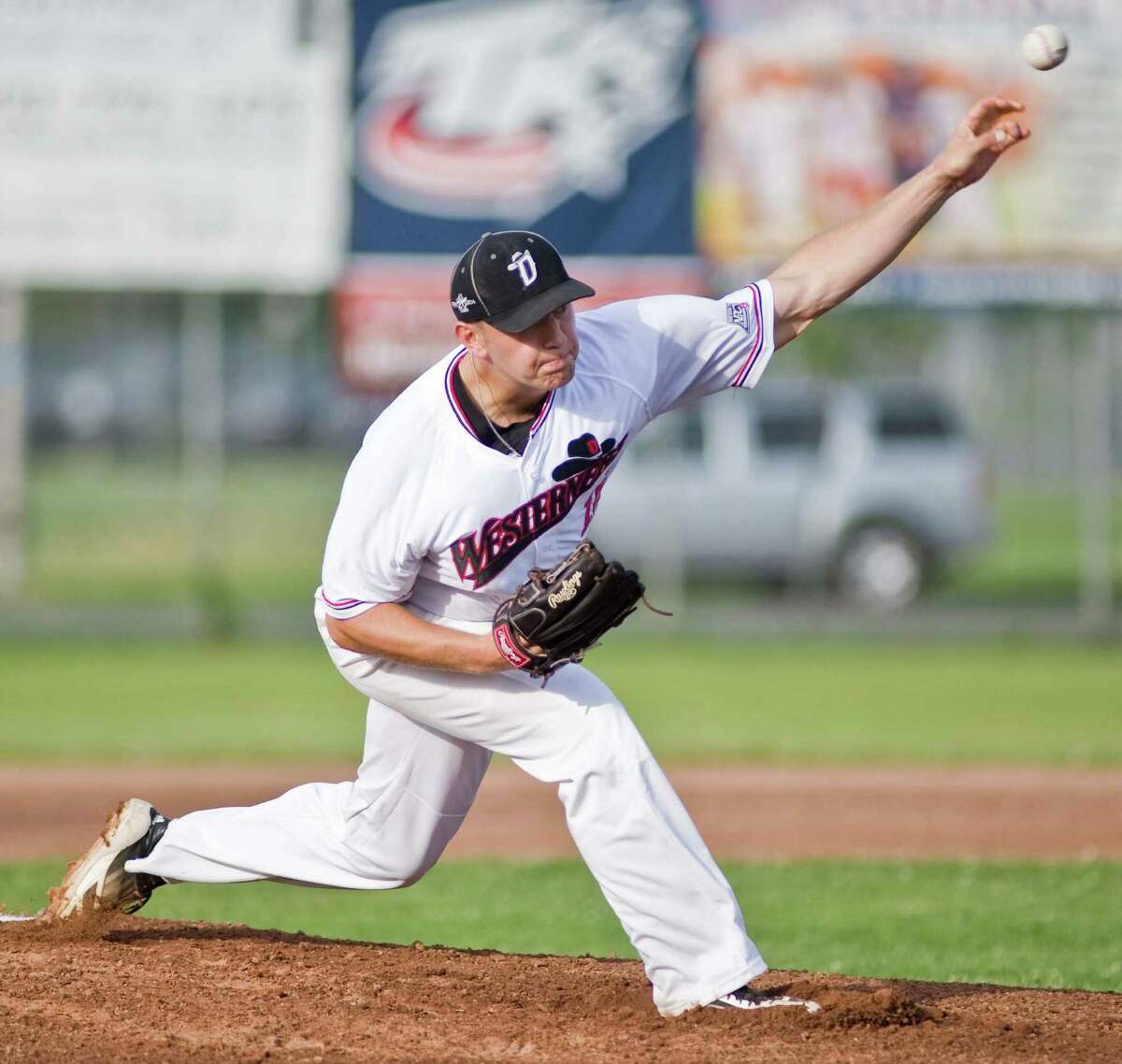 Danbury Westerners pitcher Max Knutson fires the ball in a game against the Newport Gulls, played at Rogers Park in Danbury. June 28, 2014