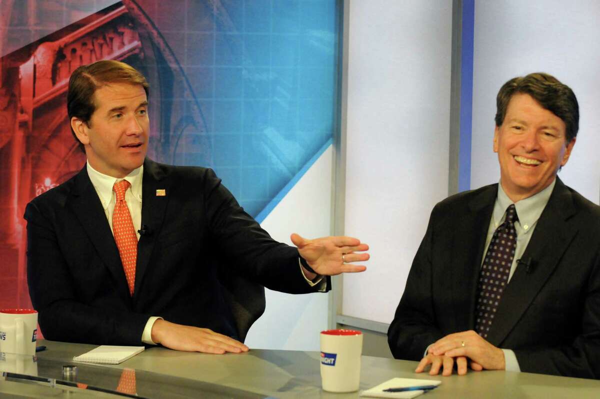 Andrew Heaney and John Faso, Republican candidates for the 19th Congressional District seat, debate on Capital Tonight at the TWC News studios on Wednesday June 15, 2016 in Albany, N.Y. (Michael P. Farrell/Times Union)