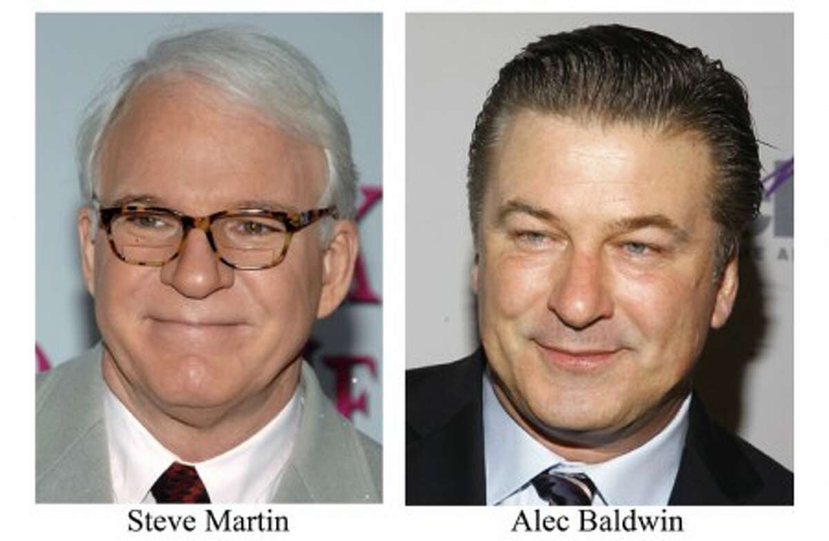 In this combo made from 2009 file photos shows actor Steve Martin, left, and Alec Baldwin who will co-host the Oscars. (AP Photo/Peter Kramer and Andy Kropa File)