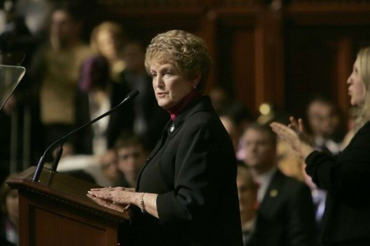 Connecticut Gov. M. Jodi Rell delivers her budget message to a joint session of the Connecticut General Assembly at the state Capitol in Hartford, Conn., Wednesday, Feb. 4, 2009. Rell said that there will be deep cuts in the budget, but that she is proposing no new taxes to help meet a projected deficit. (AP Photo/Bob Child)