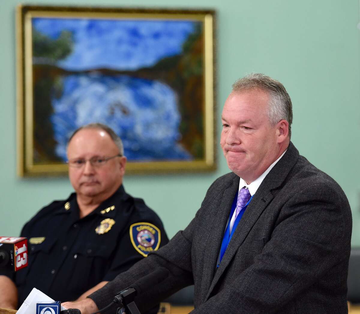 Cohoes Mayor Shawn Morse, right, and Police Chief William Heslin hold back emotion while talking during a news conference Friday, June 17, 2016, after a 16-year-old girl was killed crossing Interstate 787 on Thursday night. 