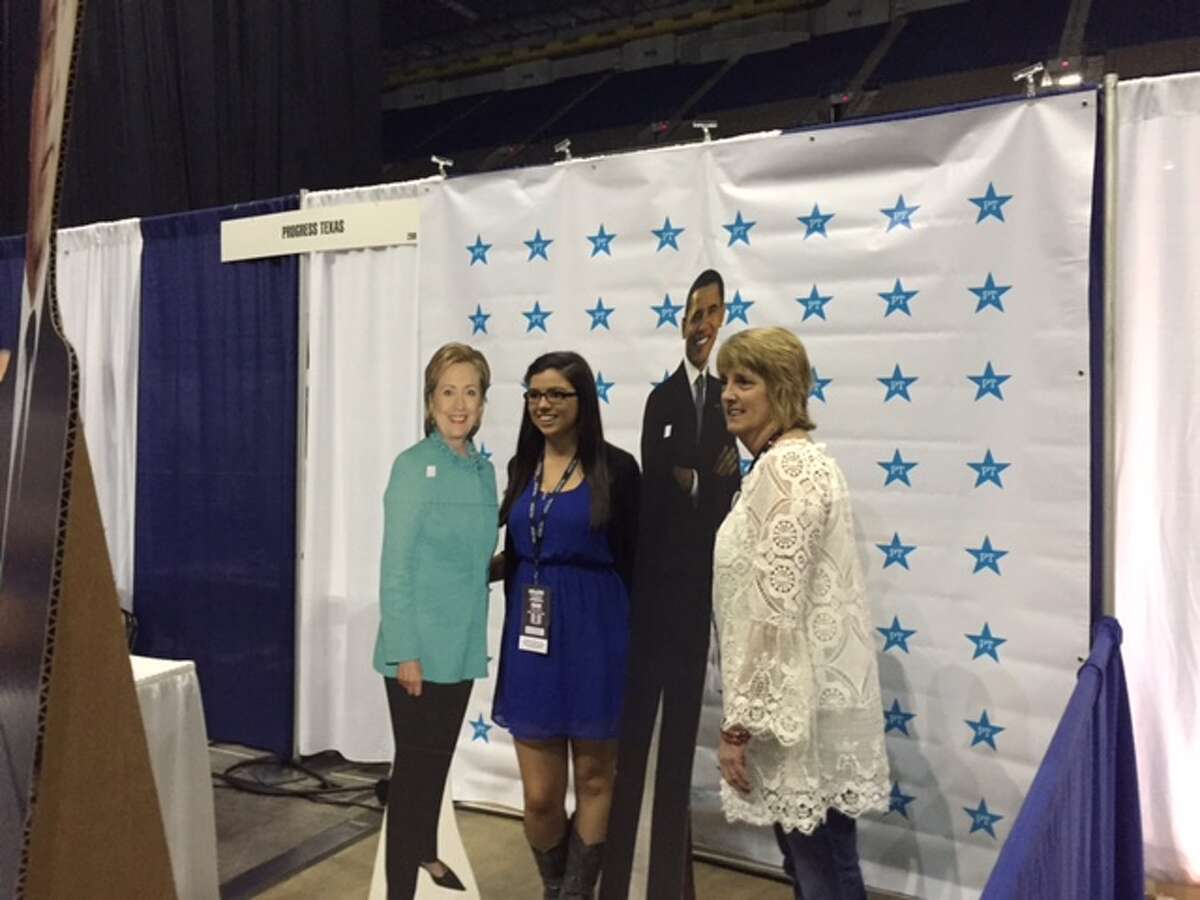 Democrats take photos at a booth run by Progress Texas at the Texas Democratic Convention in San Antonio on Friday, June 17, 2016.