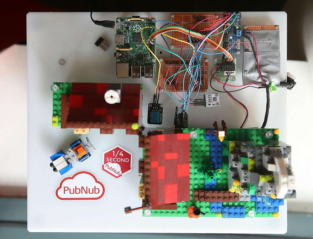 A Lego structure that has a sensor attached tracking temperature and humidity data and wirelessly streams the information at PubNub on Thursday, June 16, 2016 in San Francisco, Calif.