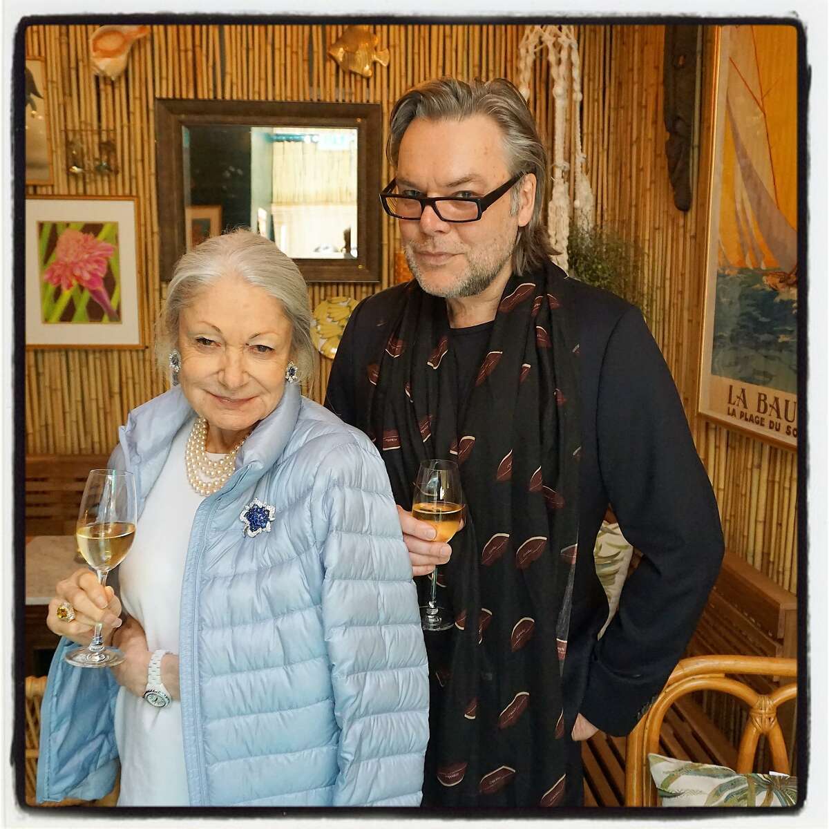 Denise Hale with her pal, fashion illustrator David Downton, at the Leo's Oyster Bar lunch she hosted in his honor. June 2016.