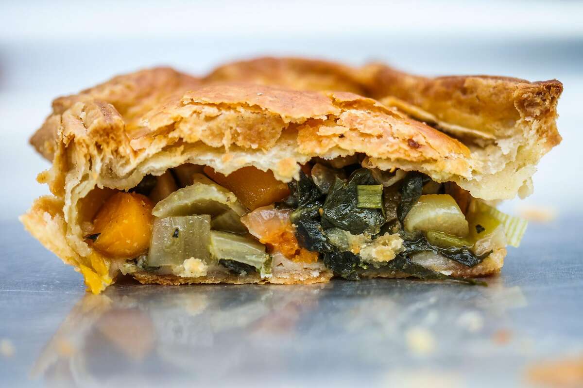 A vegetable savory pie sits on a tray at the Sage Bakehouse pie stand at the Clement Street Market, in San Francisco, California, on Sunday, June 19, 2016.