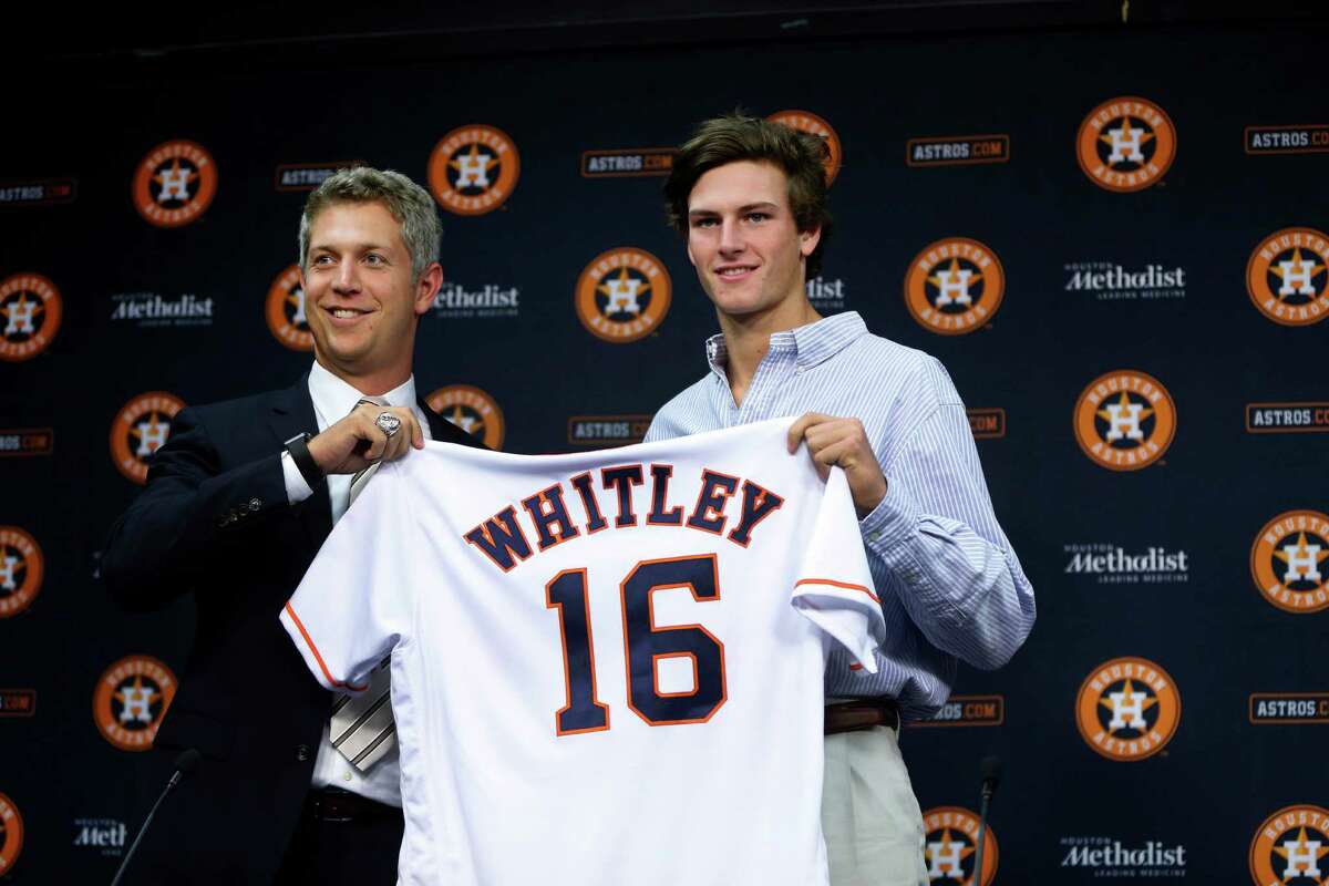 Forrest Whitley, who was selected with the 17th overall pick in the first round of the 2016 MLB First Year Player Draft, was introduced to the media by Astros Director of Amateur Scouting Mike Elias during a press conference after signing with the Astros, before the start of an MLB baseball game at Minute Maid Park, Wednesday, June 22, 2016, in Houston.