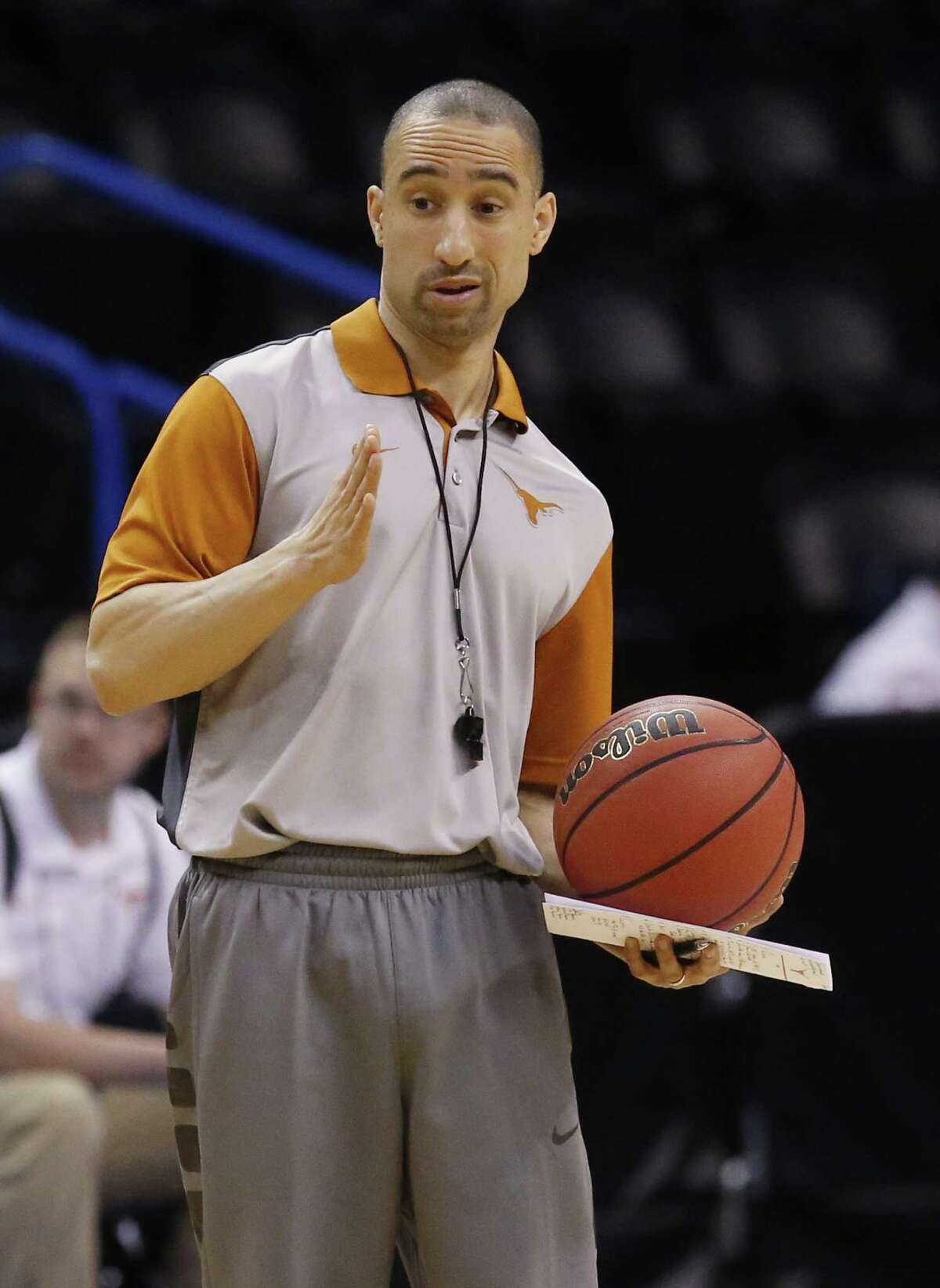 Texas head coach Shaka Smart gestures during a practice for a first-round NCAA Tournament game on March 17, 2016, in Oklahoma City.