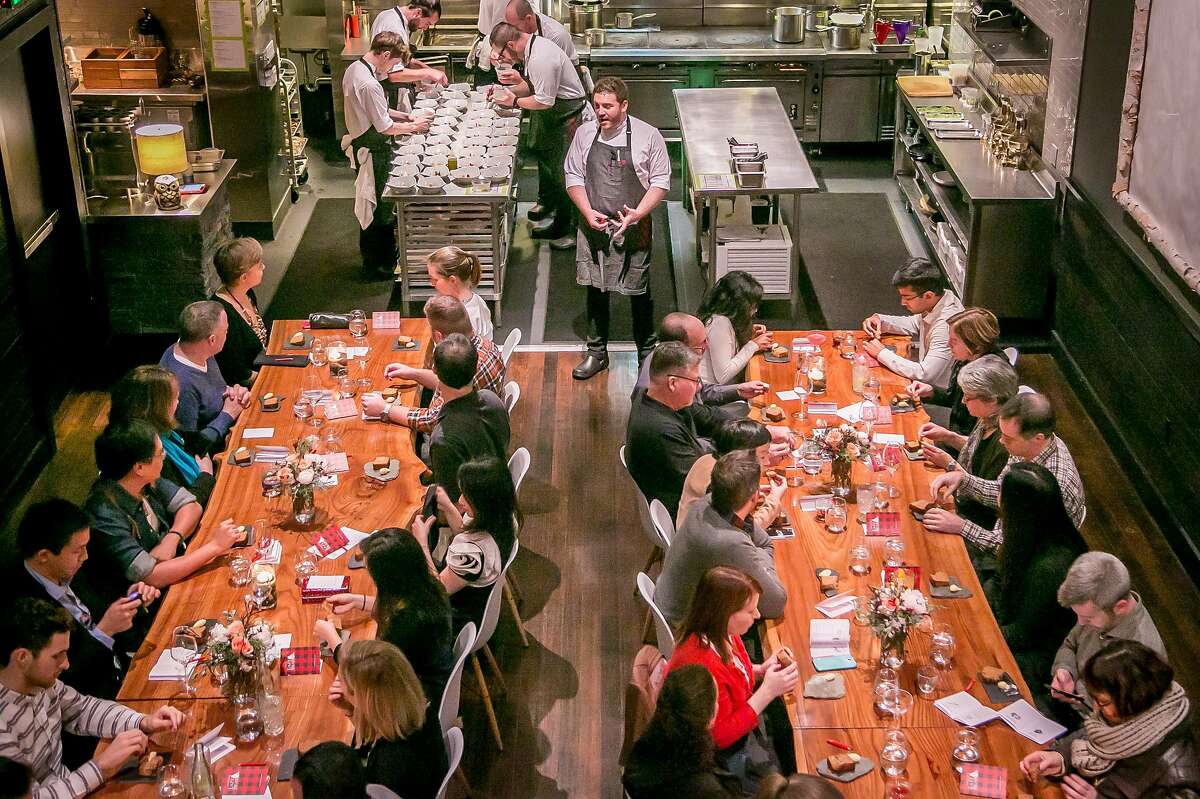 Chef David Barzelay talks with diners before dinner at Lazy Bear in San Francisco, Calif. on December 13th, 2014.