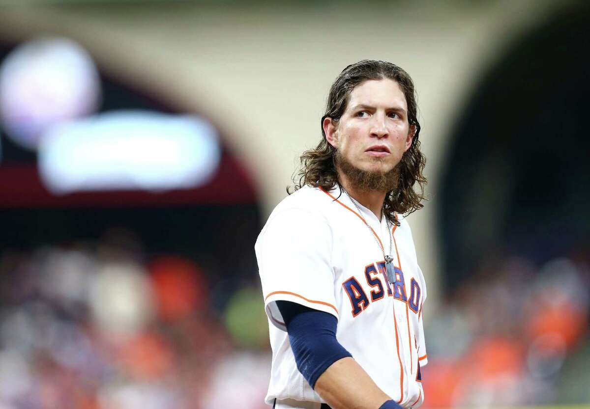 Astros left fielder Colby Rasmus reacts after the end of the seventh inning of a game at Minute Maid Park on May 21, 2016, in Houston.