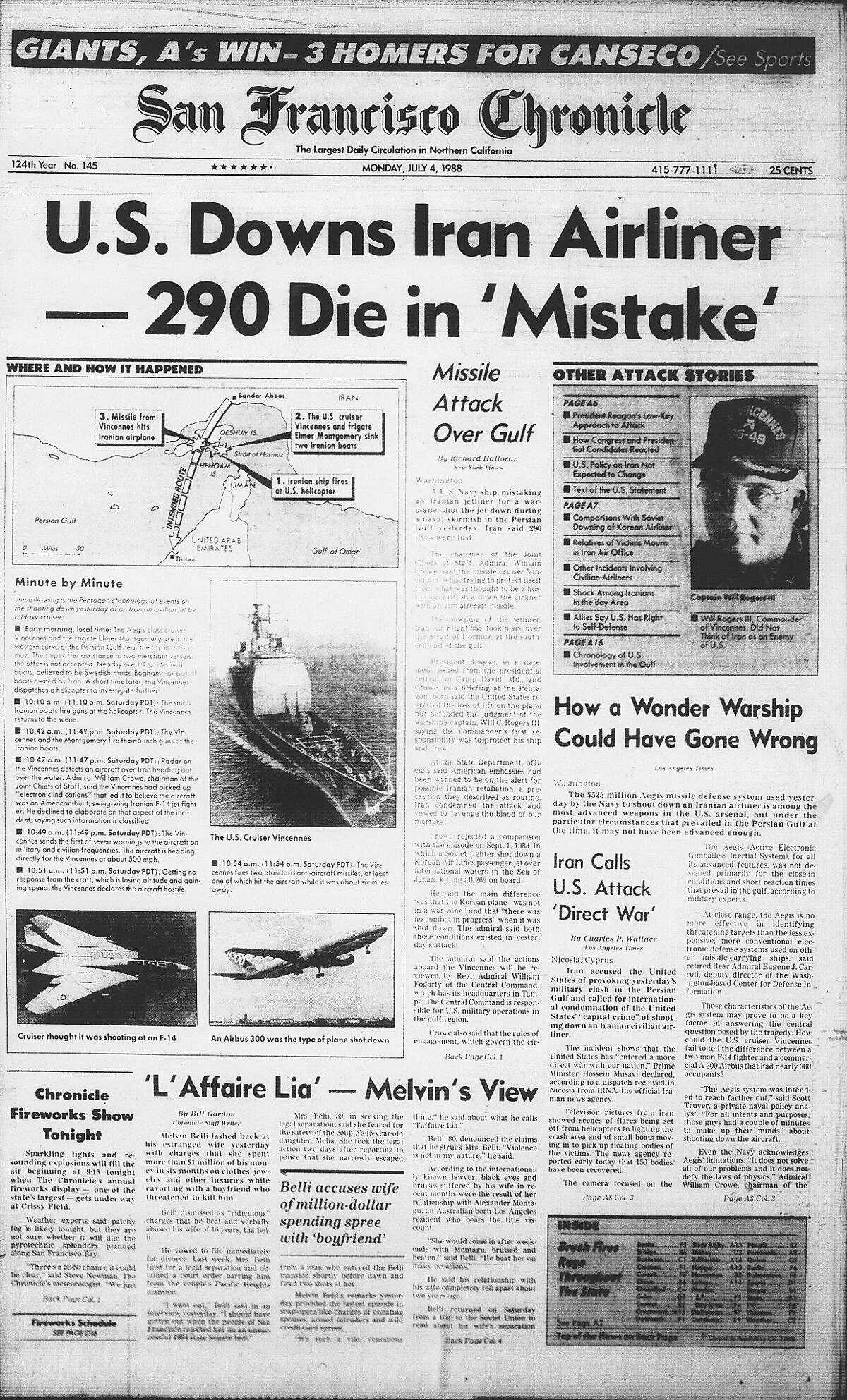 Historic Chronicle Front Page July 04, 1993 front page United States military accidentally shoots down an Iran Airliner Chron365, Chroncover