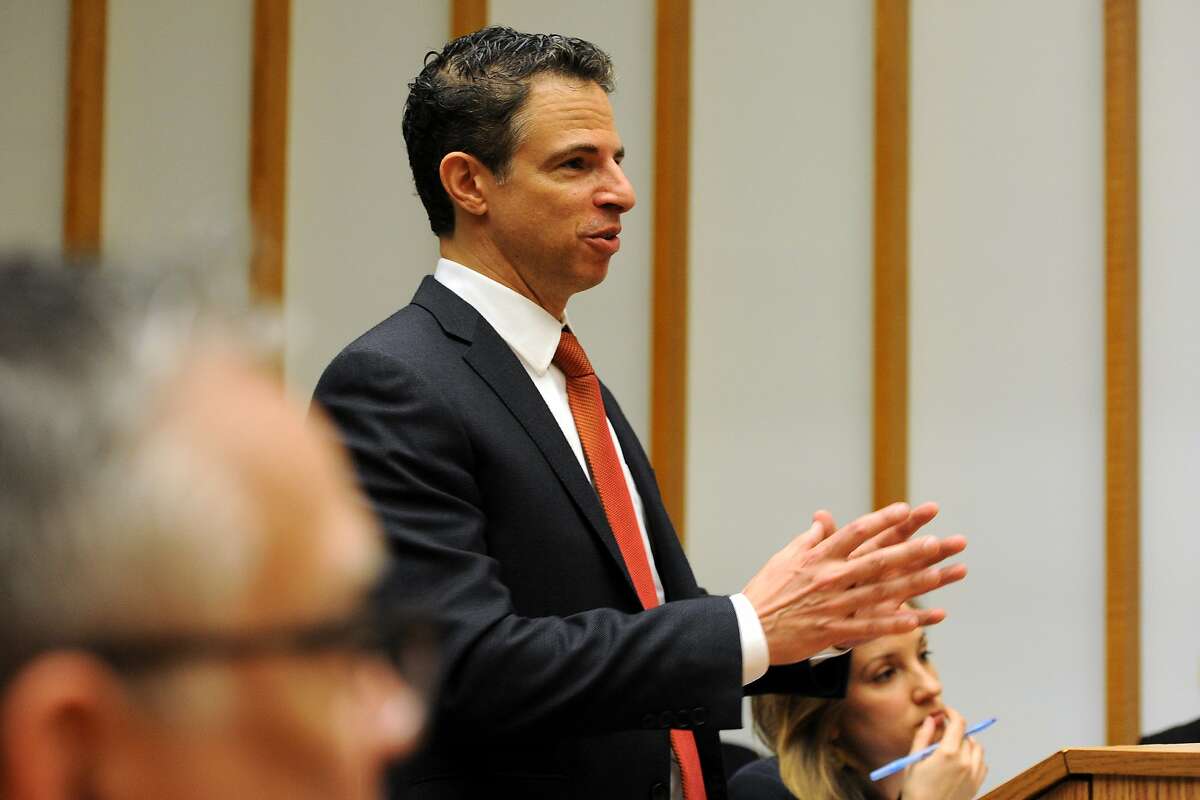 Attorney Joshua Koskoff, who represents a group of families of the Sandy Hook Elementary school shooting victims, speaks during a hearing in Superior Court in Bridgeport, Conn., Monday, June 20, 2016. Superior Court Judge Barbara Bellis heard arguments brought to dismiss a wrongful death lawsuit against a rifle maker over the Sandy Hook Elementary School massacre.