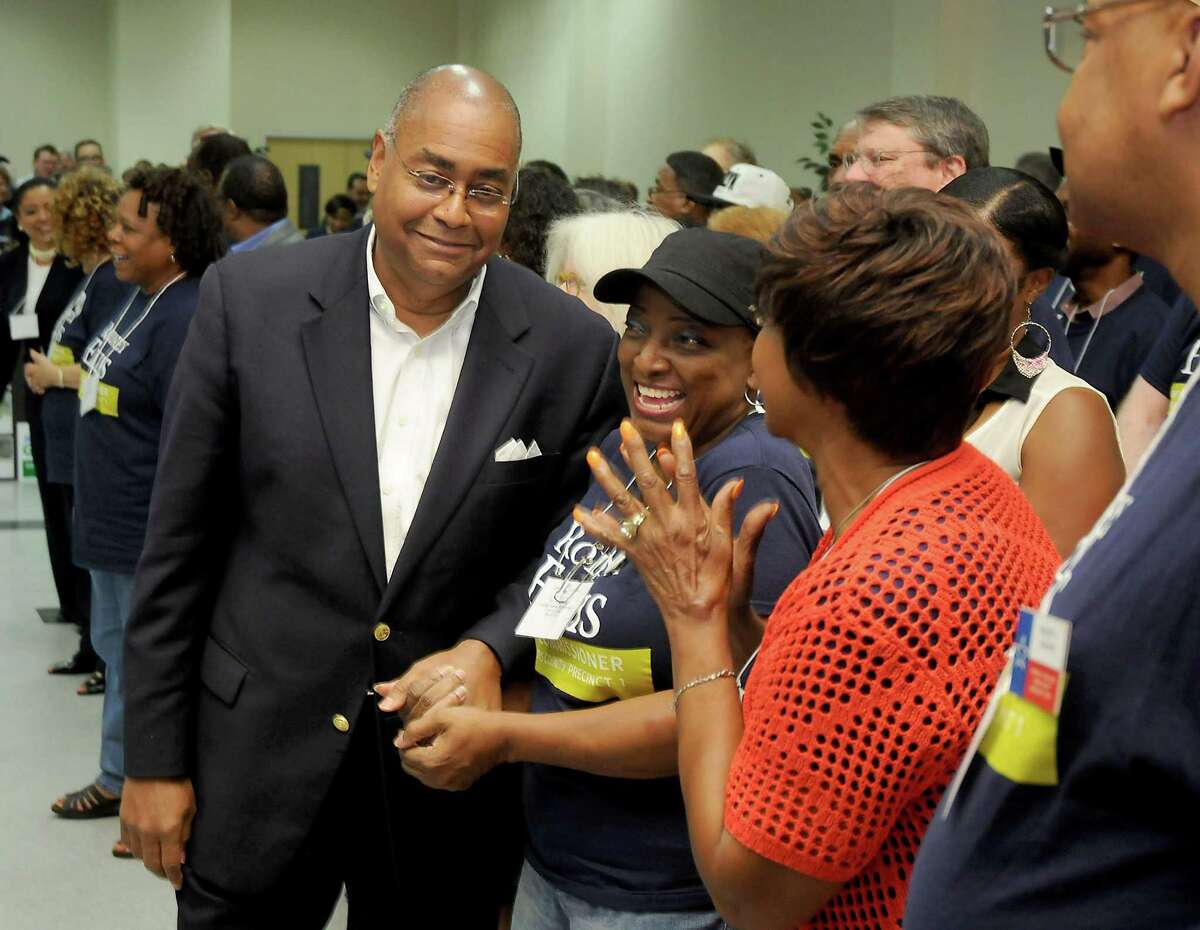 Rodney Ellis smiles with supporters after winning the vote and becoming Precinct 1 Commissioner at a meeting of Harris County Precinct 1 Chairs at CWA Local 6222 downtown Saturday June 25,2016.(Dave Rossman Photo)