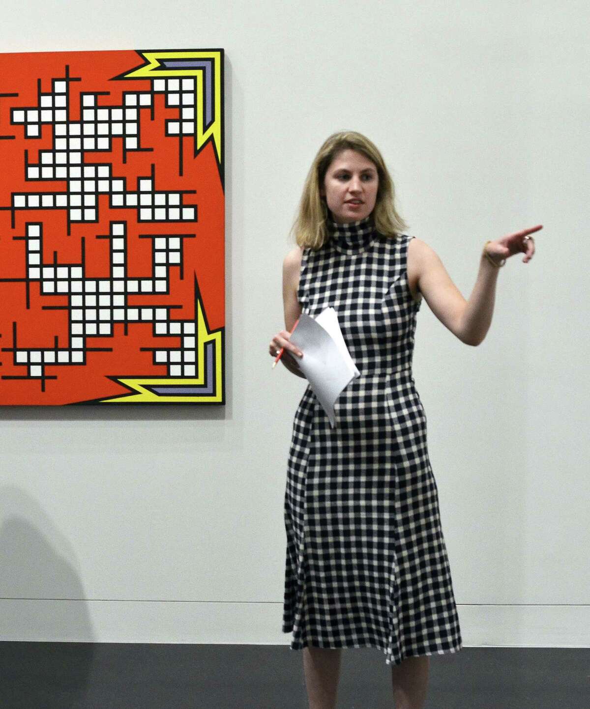 Poet Catherine Pond, who will lead a creative writing workshop during Frances Day on July 9, 2016, is shown discussing the exhibition Nicholas Krushenick ?— Electric Soup during Frances Day, July 11, 2015, at the Frances Young Tang Teaching Museum and Art Gallery at Skidmore College. (Tang Teaching Museum photo by Andrzej Pilarczyk)