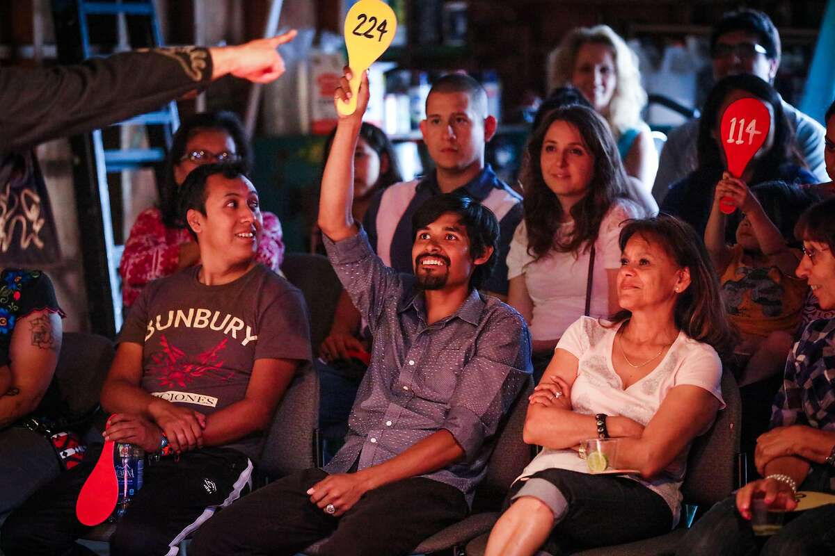 Audience members interact with the actors during a performance of "Viva La Causa", at El Teatro Campesino, in San Juan Bautista, California, on Friday, June 24, 2016.