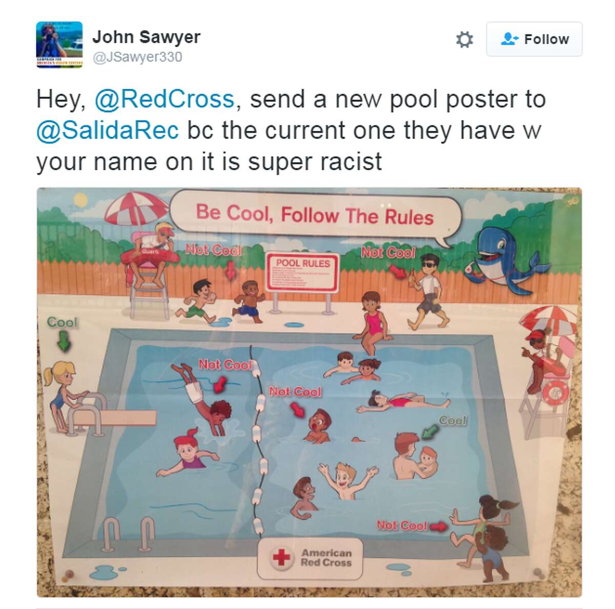 The Red Cross issued an apology following their production of a pool safety poster that some found "super racist."Click forward to get a closer look at some of the "Not Cool" situations depicted in the poster.