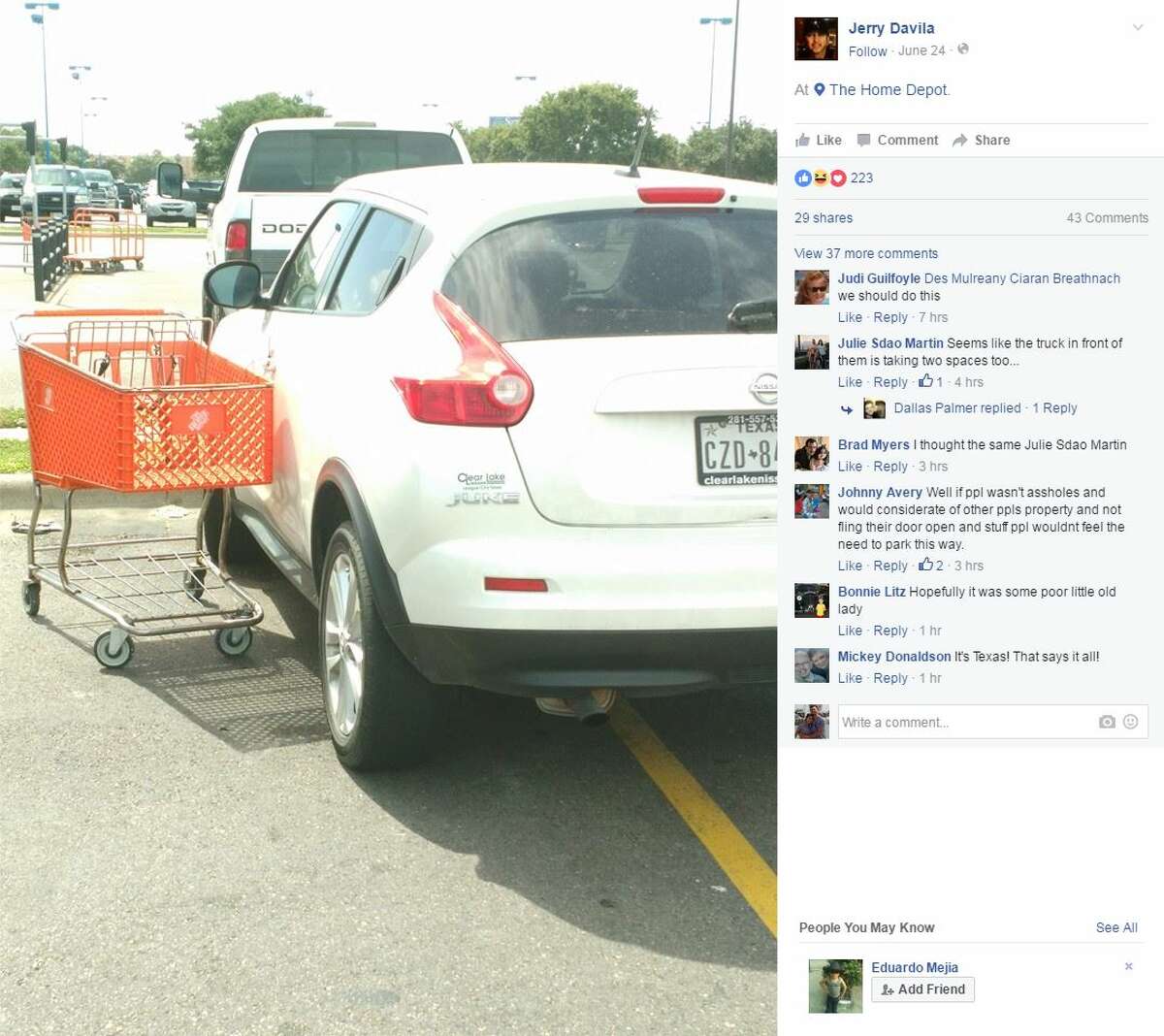 In the same handy fashion of the store, a man used a zip tie and a Home Depot shopping cart to teach the driver of a double-parked car a lesson.