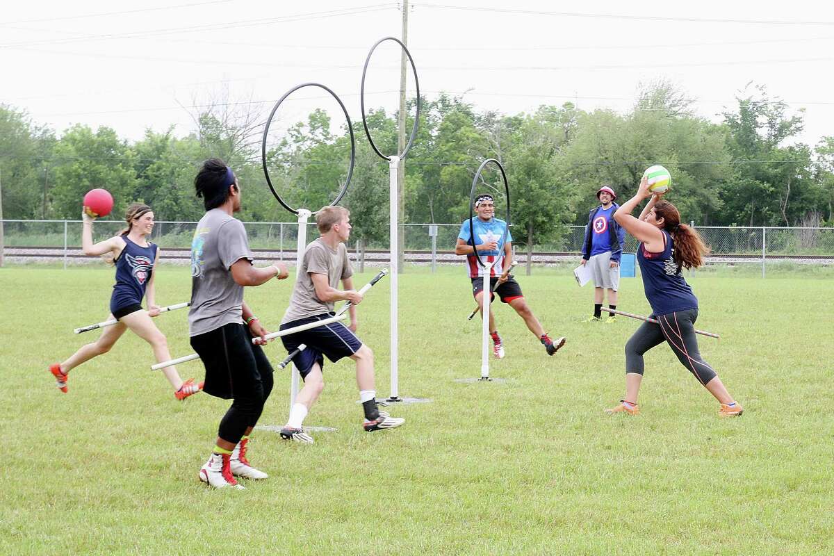 In Quidditch, players known as chasers must throw, kick or pass a ball called a quaffle through their opposing team's three hoops to score points. The other team's "keeper" works to stop them.