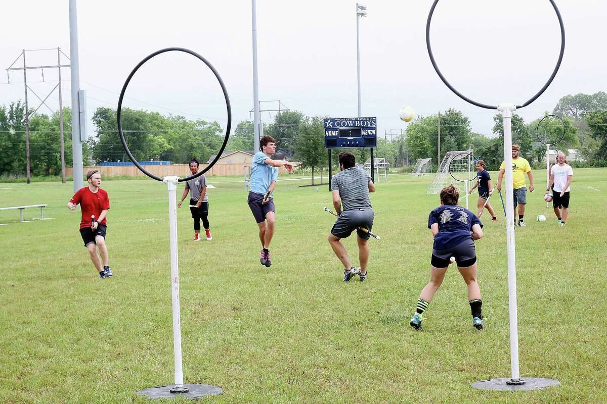 Quidditch players try out for League City Legends at Hometown Hero's Park.
