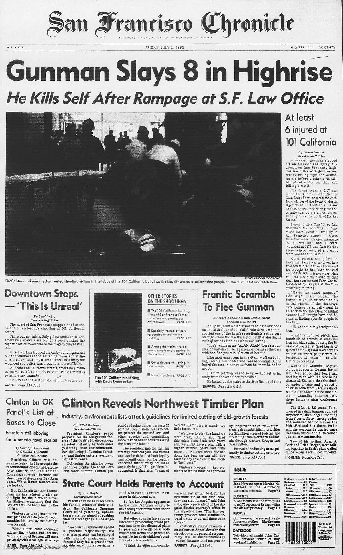 Historic Chronicle Front Page July 02, 1993 front page Gunman kill 8 in 101 California highrise Chron365, Chroncover